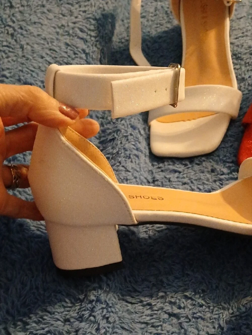 Women’s Ankle-Strap Block Heel Sandals in White and Red